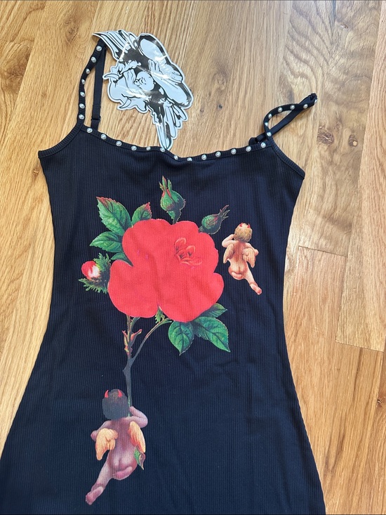 Boys Lie Dresses & Skirts - Boys Lie Black Ribbed Maxi Dress with Red Rose and Cherubs